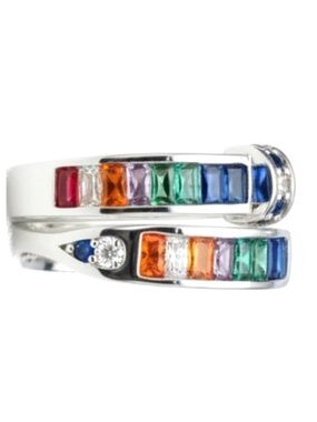 Rainbow Multicolor Baguette CZs Adjustable Nail Ring 18K White Gold Filled